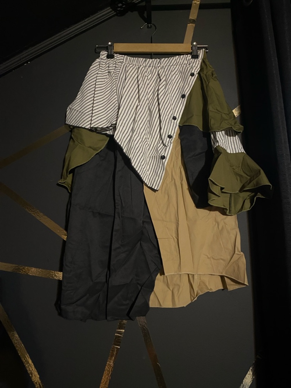 Asymmetrical Patchwork Skirt in Olive, Black, Tan & Striped